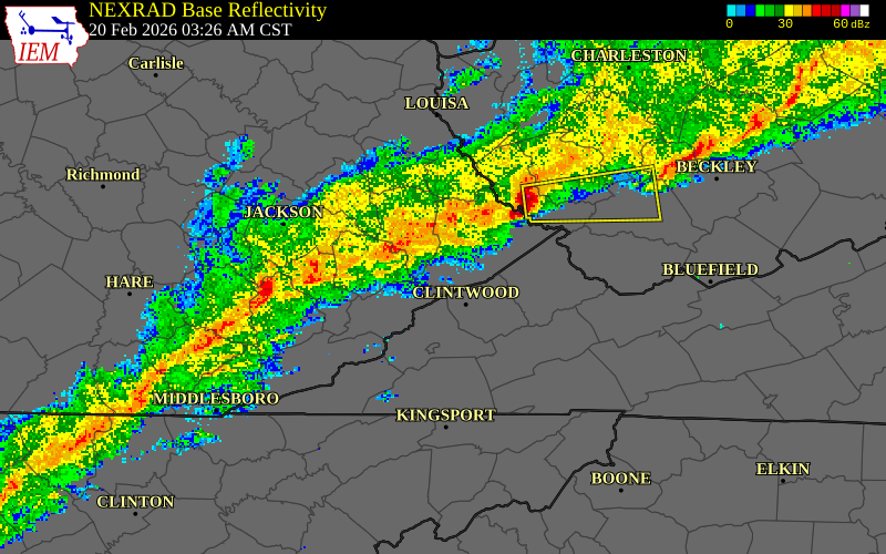 NEXRAD radar during the Friday, February 20, 2026 storm activity in Perry County, Kentucky