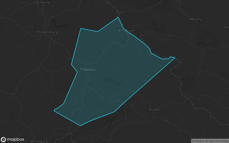 Map of Pike County, Kentucky showing the county boundary and surrounding cities