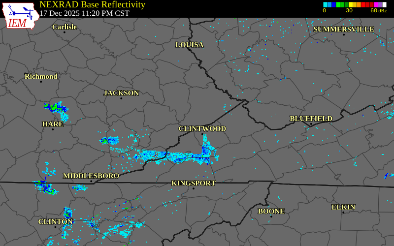 NEXRAD radar during the Thursday, December 18, 2025 storm activity in Pike County, Kentucky