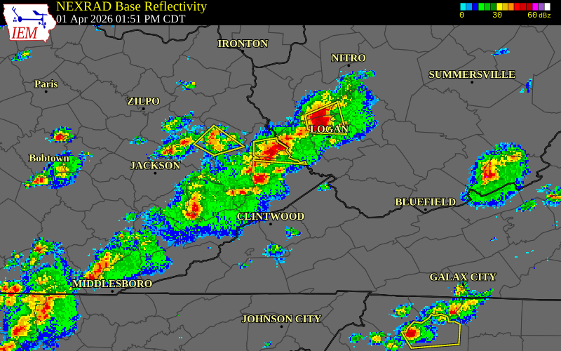 NEXRAD radar during the Wednesday, April 1, 2026 storm activity in Pike County, Kentucky