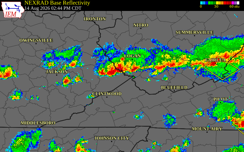 NEXRAD radar during the Friday, August 14, 2026 storm activity in Pike County, Kentucky