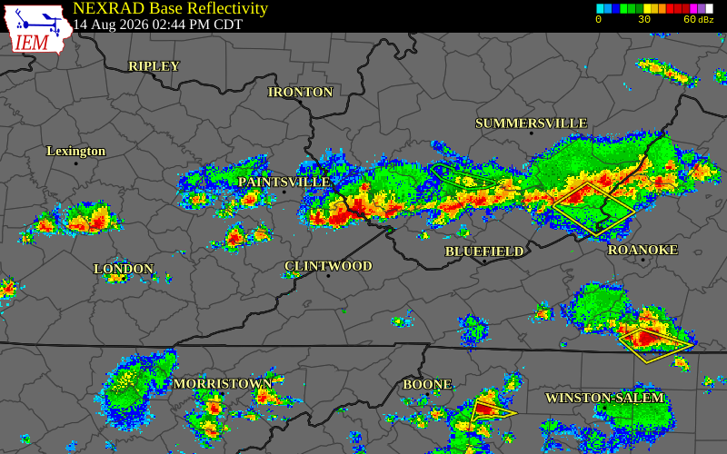 Radar snapshot during the Aug 14, 2026 wind event near Pike County, Pike County, Kentucky, with NWS warning polygons