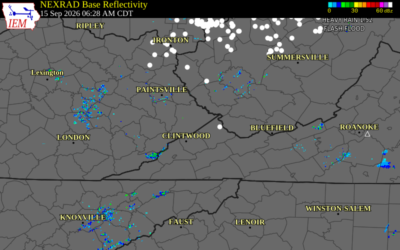 Current NEXRAD radar over Pike County, Kentucky with recent storm report locations