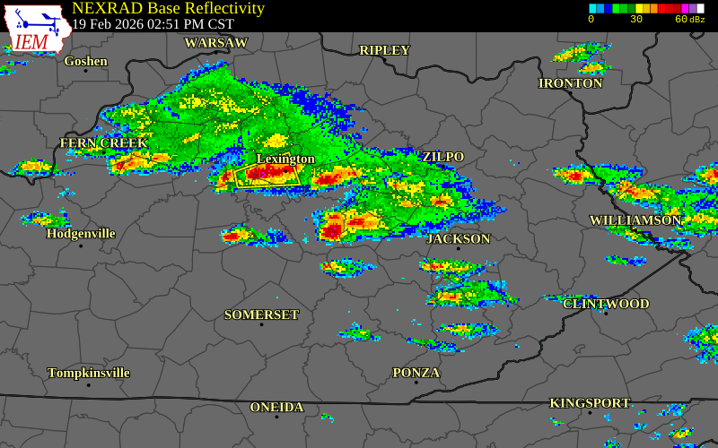 NEXRAD radar during the Thursday, February 19, 2026 storm activity in Powell County, Kentucky