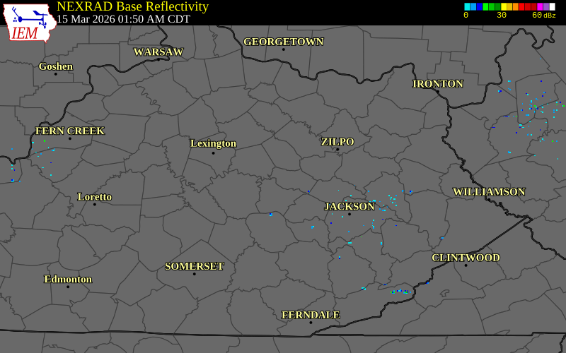 NEXRAD radar during the Sunday, March 15, 2026 storm activity in Powell County, Kentucky