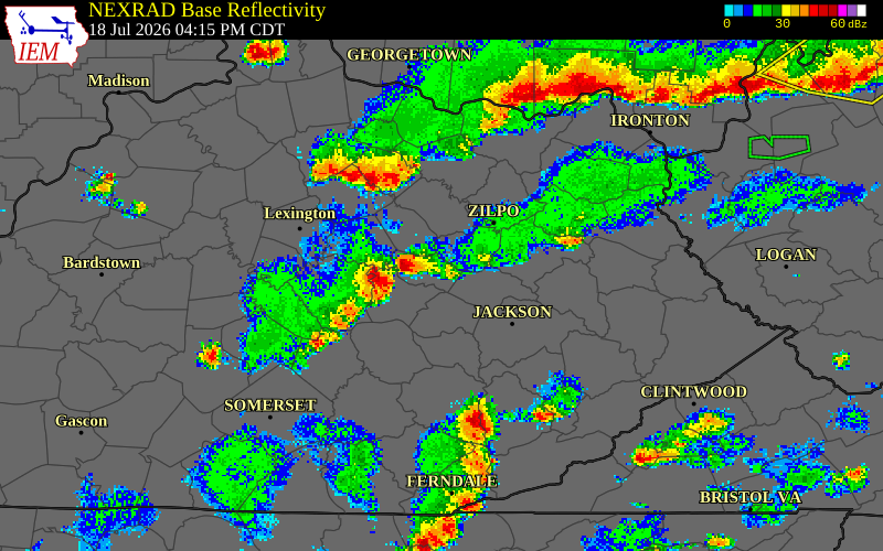 NEXRAD radar during the Saturday, July 18, 2026 storm activity in Powell County, Kentucky