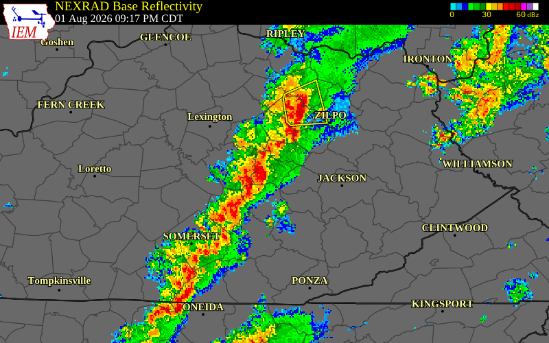 NEXRAD radar during the Saturday, August 1, 2026 storm activity in Powell County, Kentucky