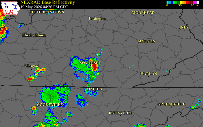 NEXRAD radar during the Tuesday, May 19, 2026 storm activity in Pulaski County, Kentucky