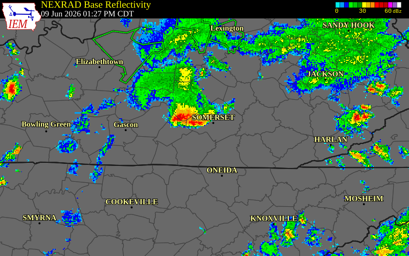 NEXRAD radar during the Tuesday, June 9, 2026 storm activity in Pulaski County, Kentucky