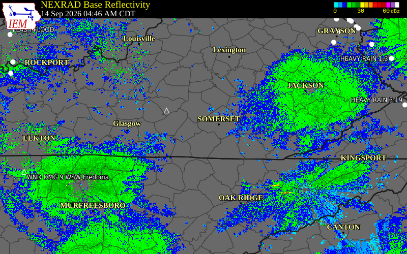 Current NEXRAD radar over Pulaski County, Kentucky with recent storm report locations