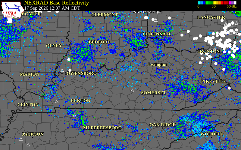 Current NEXRAD radar across Kentucky with recent storm report locations