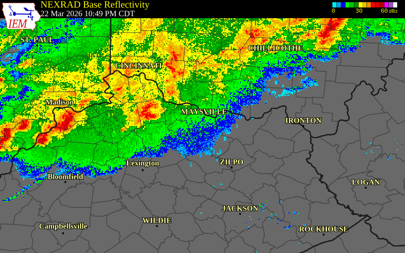 NEXRAD radar during the Sunday, March 22, 2026 storm activity in Robertson County, Kentucky
