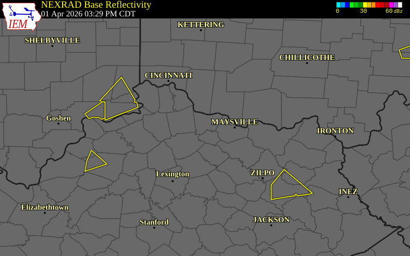NEXRAD radar during the Wednesday, April 1, 2026 storm activity in Robertson County, Kentucky
