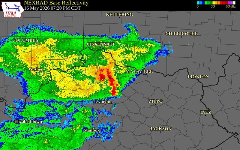 NEXRAD radar during the Saturday, May 16, 2026 storm activity in Robertson County, Kentucky