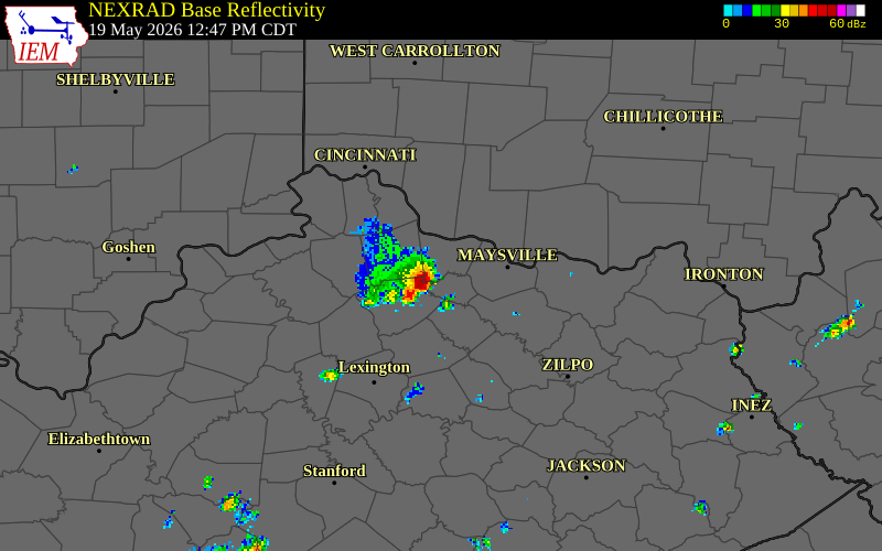 NEXRAD radar during the Tuesday, May 19, 2026 storm activity in Robertson County, Kentucky