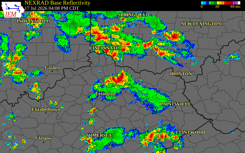 Radar snapshot during the Jul 17, 2026 wind event near Robertson County, Robertson County, Kentucky, with NWS warning polygons