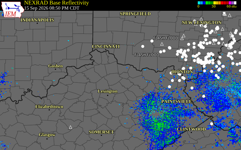 Current NEXRAD radar over Robertson County, Kentucky with recent storm report locations