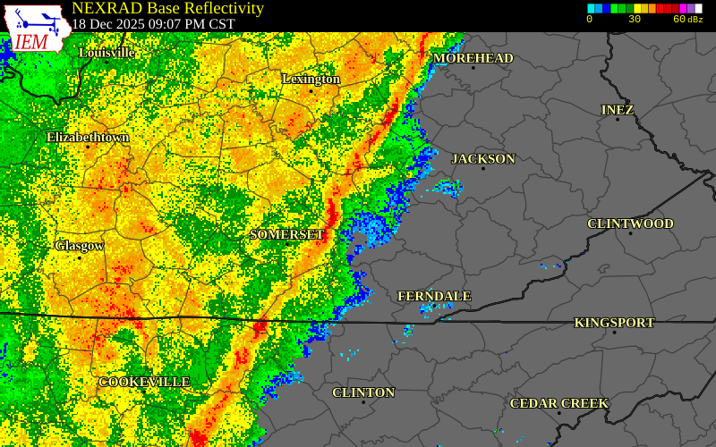 NEXRAD radar during the Thursday, December 18, 2025 storm activity in Rockcastle County, Kentucky