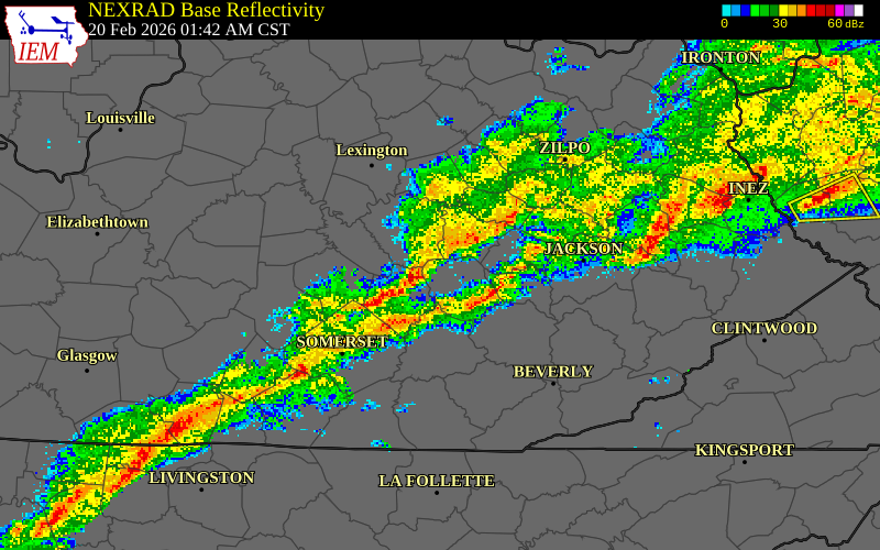 NEXRAD radar during the Friday, February 20, 2026 storm activity in Rockcastle County, Kentucky