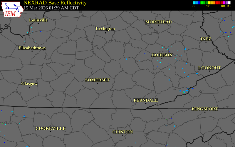 NEXRAD radar during the Sunday, March 15, 2026 storm activity in Rockcastle County, Kentucky