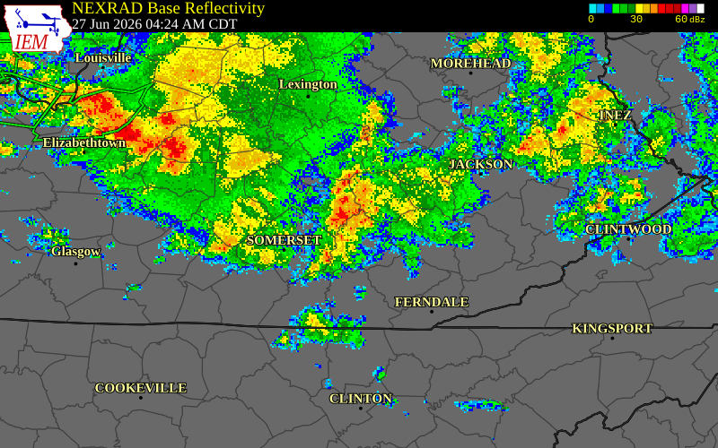 NEXRAD radar during the Saturday, June 27, 2026 storm activity in Rockcastle County, Kentucky