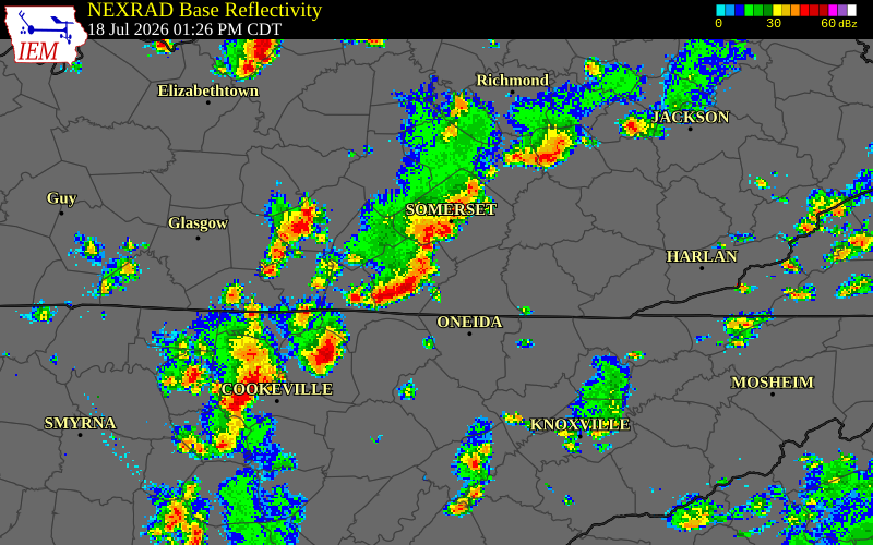 NEXRAD radar during the Saturday, July 18, 2026 storm activity in Rockcastle County, Kentucky