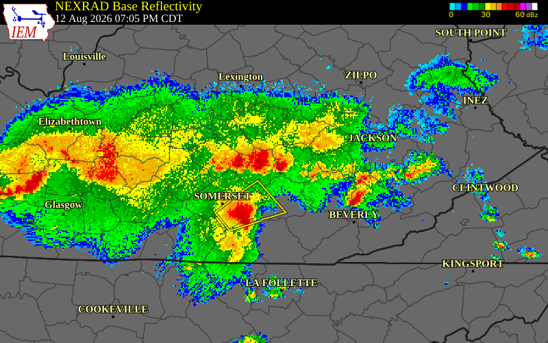 NEXRAD radar during the Wednesday, August 12, 2026 storm activity in Rockcastle County, Kentucky