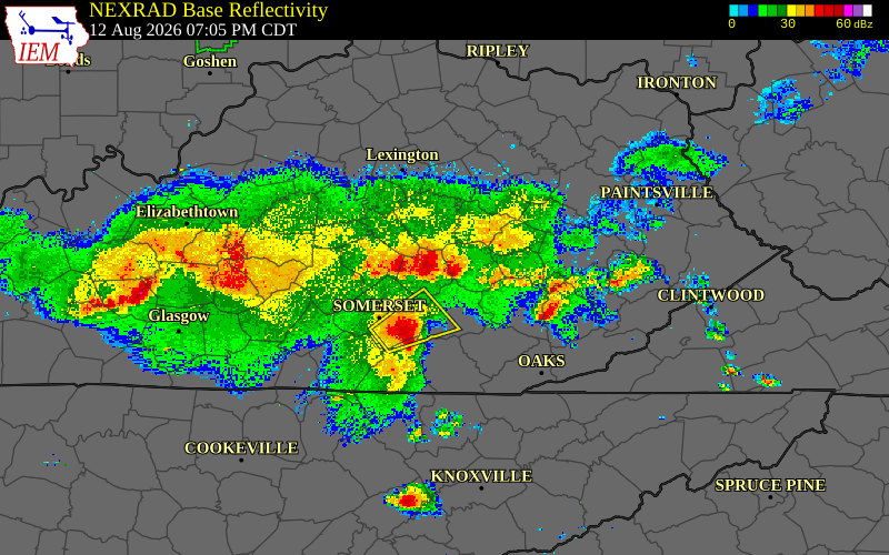 Radar snapshot during the Aug 12, 2026 wind event near Rockcastle County, Rockcastle County, Kentucky, with NWS warning polygons