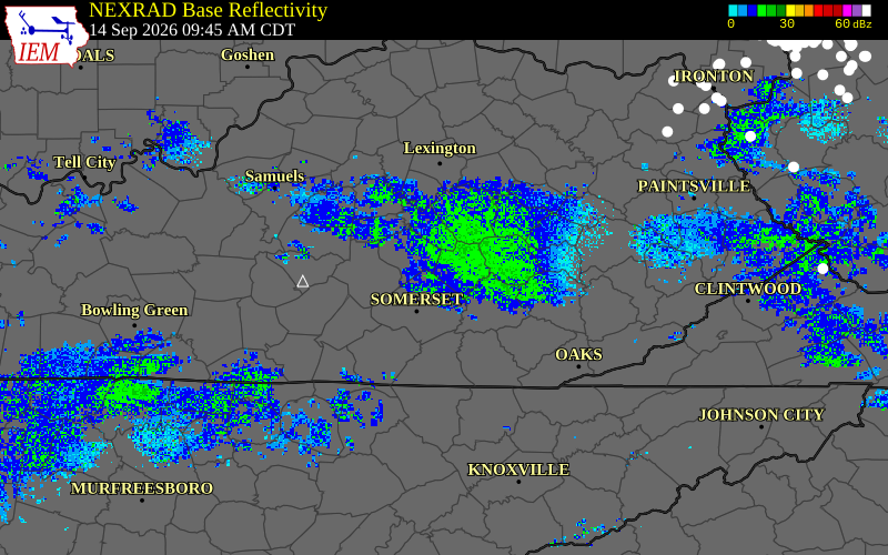 Current NEXRAD radar over Rockcastle County, Kentucky with recent storm report locations
