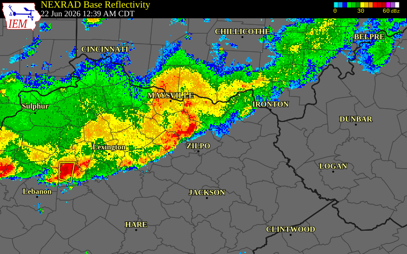 NEXRAD radar during the Monday, June 22, 2026 storm activity in Rowan County, Kentucky