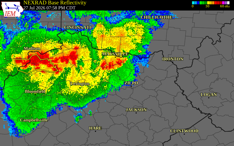 NEXRAD radar during the Monday, July 27, 2026 storm activity in Rowan County, Kentucky