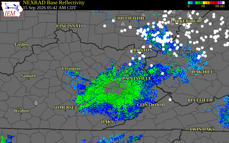 Current NEXRAD radar over Rowan County, Kentucky with recent storm report locations