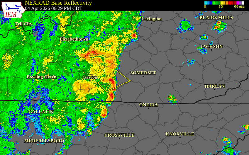 NEXRAD radar during the Saturday, April 4, 2026 storm activity in Russell County, Kentucky