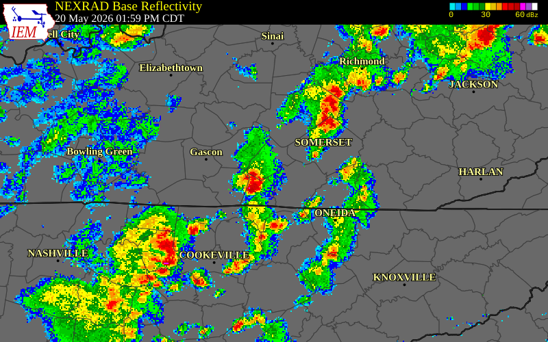 NEXRAD radar during the Wednesday, May 20, 2026 storm activity in Russell County, Kentucky