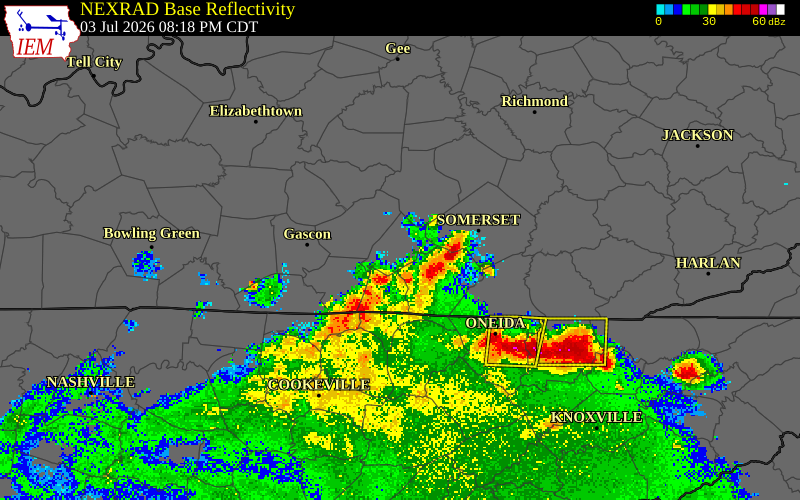NEXRAD radar during the Friday, July 3, 2026 storm activity in Russell County, Kentucky