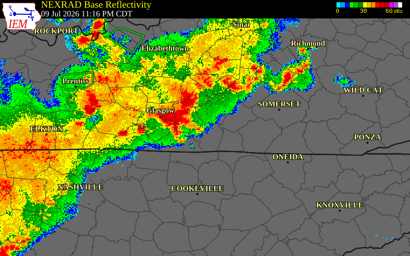 NEXRAD radar during the Friday, July 10, 2026 storm activity in Russell County, Kentucky