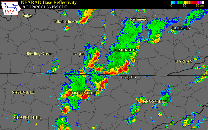 NEXRAD radar during the Saturday, July 18, 2026 storm activity in Russell County, Kentucky
