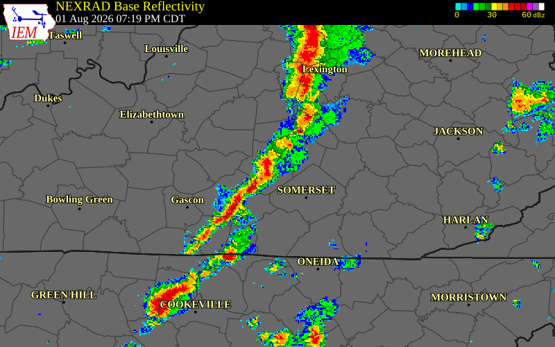 NEXRAD radar during the Saturday, August 1, 2026 storm activity in Russell County, Kentucky