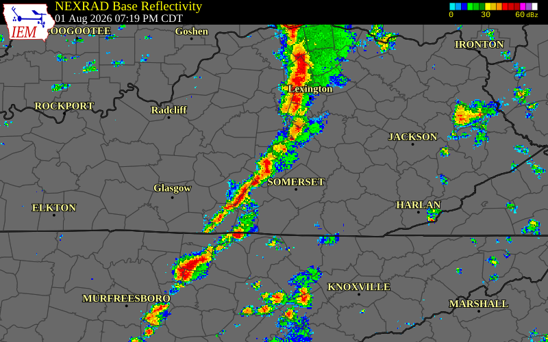 Radar snapshot during the Aug 1, 2026 wind event near Russell County, Russell County, Kentucky, with NWS warning polygons