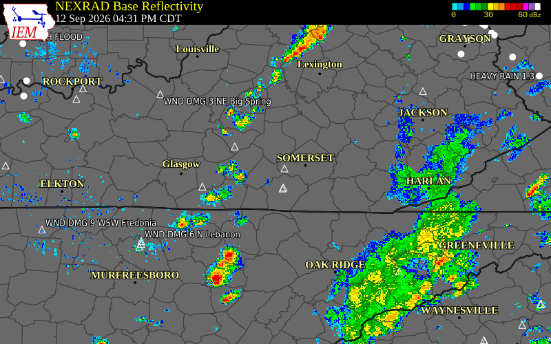 Current NEXRAD radar over Russell County, Kentucky with recent storm report locations