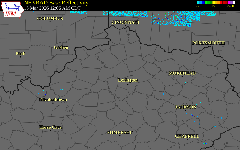 NEXRAD radar during the Sunday, March 15, 2026 storm activity in Scott County, Kentucky