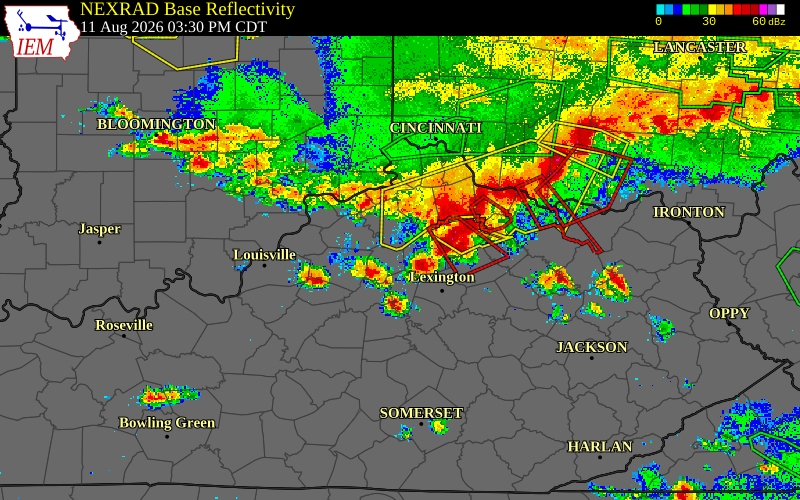 Radar snapshot during the Aug 11, 2026 wind event near Scott County, Scott County, Kentucky, with NWS warning polygons