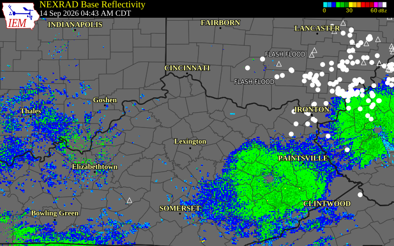 Current NEXRAD radar over Scott County, Kentucky with recent storm report locations