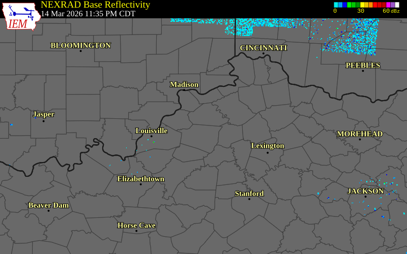 NEXRAD radar during the Sunday, March 15, 2026 storm activity in Shelby County, Kentucky