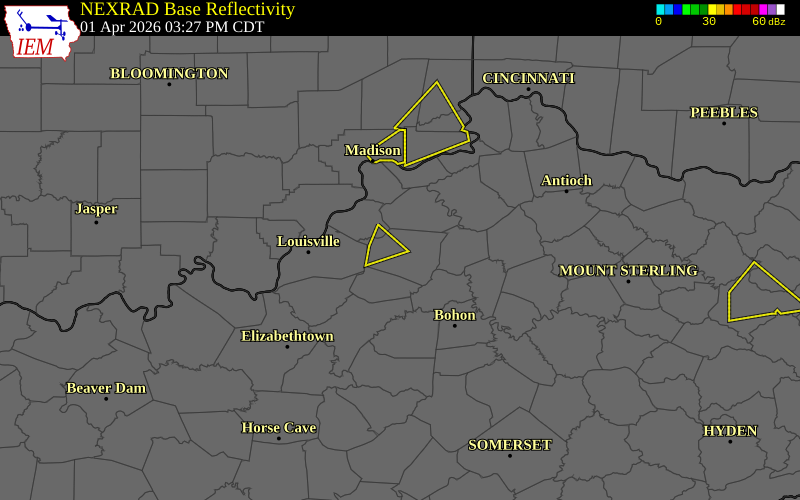 NEXRAD radar during the Wednesday, April 1, 2026 storm activity in Shelby County, Kentucky