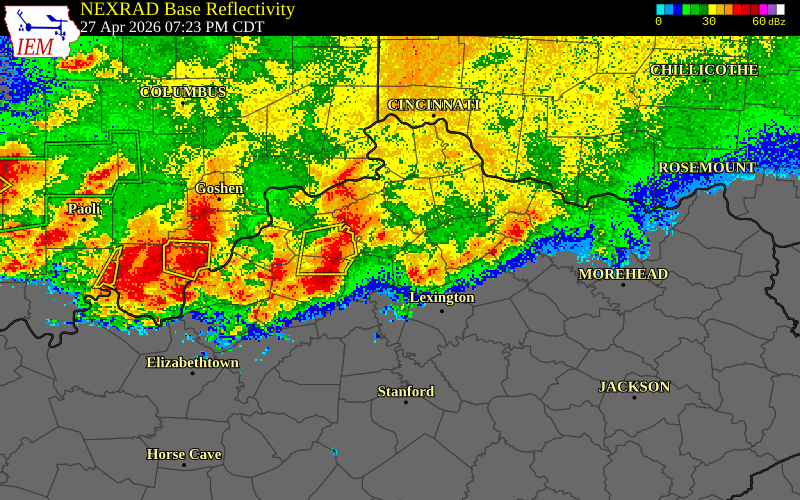 NEXRAD radar during the Monday, April 27, 2026 storm activity in Shelby County, Kentucky