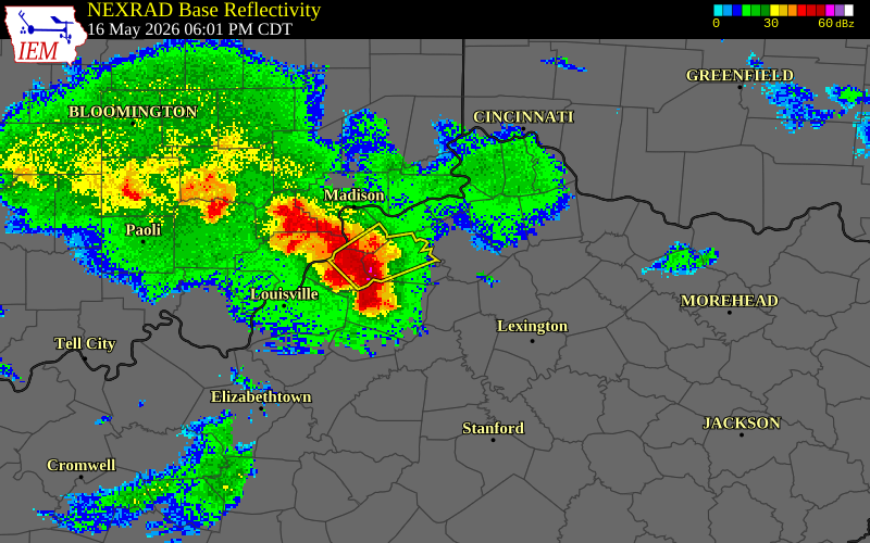 NEXRAD radar during the Saturday, May 16, 2026 storm activity in Shelby County, Kentucky