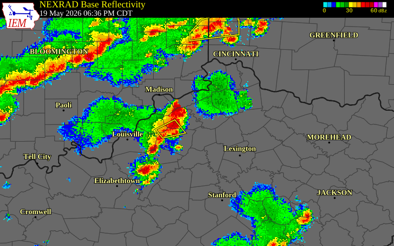 NEXRAD radar during the Tuesday, May 19, 2026 storm activity in Shelby County, Kentucky