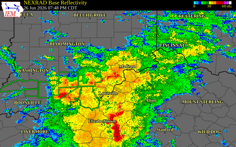 NEXRAD radar during the Friday, June 26, 2026 storm activity in Shelby County, Kentucky