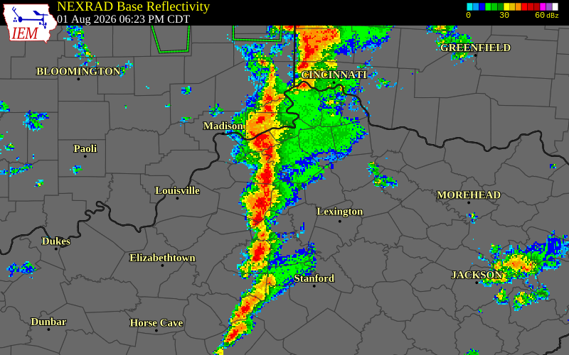 NEXRAD radar during the Saturday, August 1, 2026 storm activity in Shelby County, Kentucky